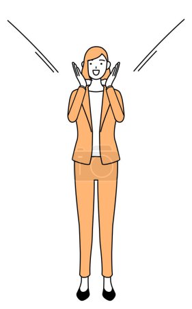 Simple line drawing illustration of a businesswoman in a suit calling out with his hand over his mouth.