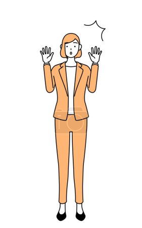 Illustration for Simple line drawing illustration of a businesswoman in a suit raising his hand in surprise. - Royalty Free Image