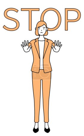 Dibujo de línea simple ilustración de una mujer de negocios en un traje con su mano en frente de su cuerpo, señalando una parada.