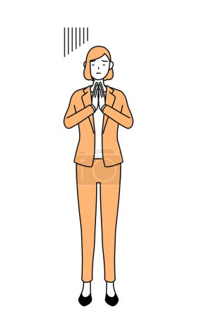 Illustration for Simple line drawing illustration of a businesswoman in a suit apologizing with his hands in front of his body. - Royalty Free Image