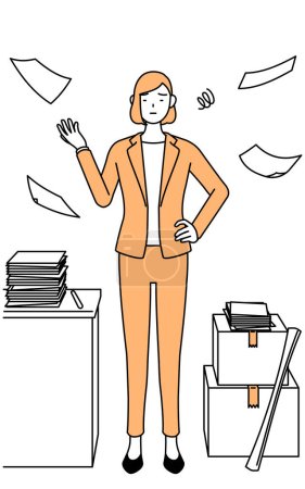 Illustration for Simple line drawing illustration of a businesswoman in a suit who is fed up with his unorganized business. - Royalty Free Image