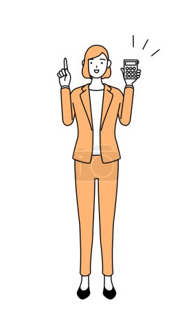 Ilustración de Dibujo de línea simple ilustración de una mujer de negocios en un traje sosteniendo una calculadora y señalando. - Imagen libre de derechos
