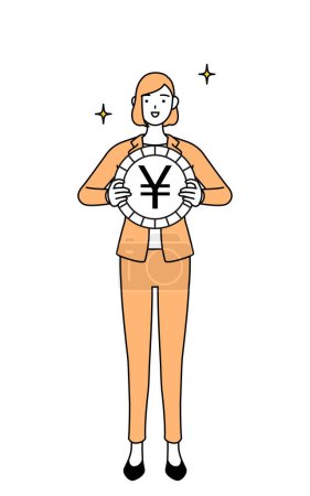Illustration for Simple line drawing illustration of a businesswoman in a suit, an image of foreign exchange gains and yen appreciation - Royalty Free Image