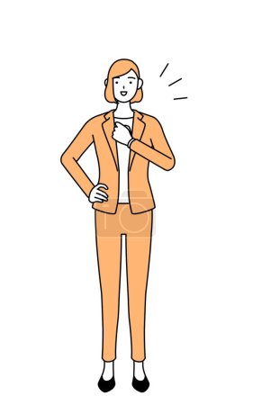 Simple line drawing illustration of a businesswoman in a suit tapping his chest.
