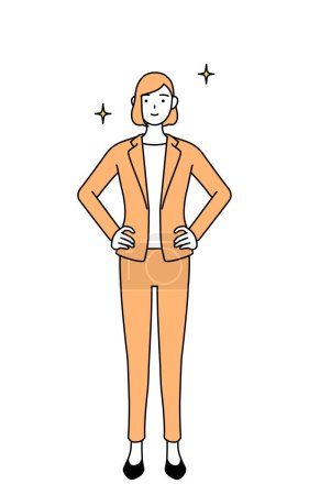 Simple line drawing illustration of a businesswoman in a suit with his hands on his hips.