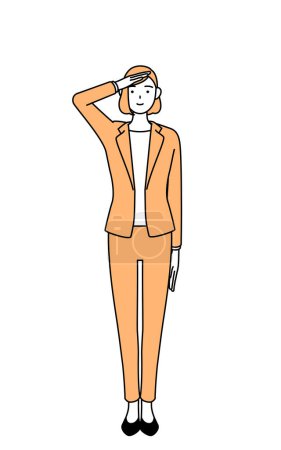 Illustration for Simple line drawing illustration of a businesswoman in a suit making a salute. - Royalty Free Image