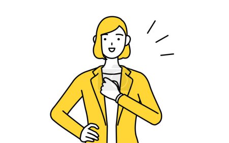 Illustration for Simple line drawing illustration of a businesswoman in a suit tapping his chest. - Royalty Free Image