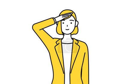 Illustration for Simple line drawing illustration of a businesswoman in a suit making a salute. - Royalty Free Image