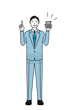 Ilustración de Dibujo de línea simple ilustración de un hombre de negocios senior, ejecutivos, gerentes y presidentes sosteniendo una calculadora y señalando. - Imagen libre de derechos