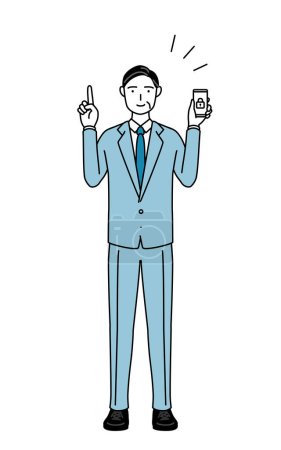 Ilustración de Ilustración de línea simple de un hombre de negocios senior, ejecutivos, gerentes y presidentes que toman medidas de seguridad para su teléfono. - Imagen libre de derechos