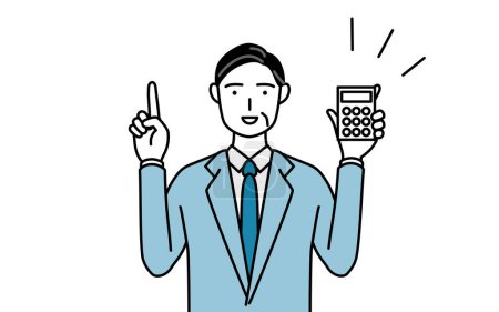 Ilustración de Dibujo de línea simple ilustración de un hombre de negocios senior, ejecutivos, gerentes y presidentes sosteniendo una calculadora y señalando. - Imagen libre de derechos