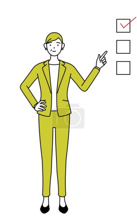 Ilustración de Ilustración de dibujo de línea simple de una mujer mayor en traje, gerente mujer, mujer de carrera que apunta a una lista de verificación. - Imagen libre de derechos