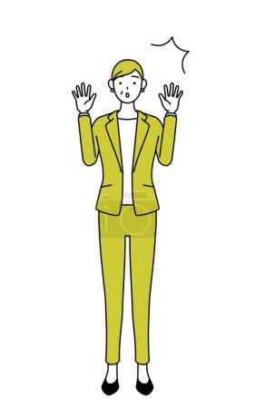 Ilustración de Ilustración de dibujo de línea simple de una mujer mayor en traje, gerente femenino, mujer de carrera levantando la mano por sorpresa. - Imagen libre de derechos