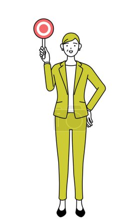 Ilustración de Ilustración de dibujo de línea simple de una mujer mayor en traje, gerente femenino, mujer de carrera con las manos dobladas delante de su cuerpo. - Imagen libre de derechos
