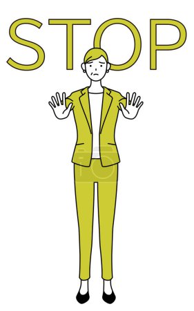 Illustration for Simple line drawing illustration of a Senior woman in suit,female manager, career woman with his hand out in front of his body,signaling a stop. - Royalty Free Image