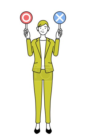 Ilustración de Ilustración de dibujo de línea simple de una mujer mayor en traje, gerente mujer, mujer de carrera sosteniendo un palo que indica respuestas correctas e incorrectas. - Imagen libre de derechos