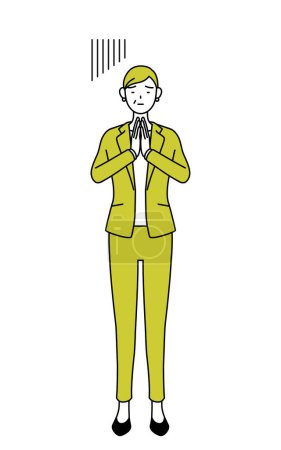 Illustration for Simple line drawing illustration of a Senior woman in suit,female manager, career woman apologizing with his hands in front of his body. - Royalty Free Image