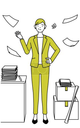 Illustration for Simple line drawing illustration of a Senior woman in suit,female manager, career woman who is fed up with his unorganized business. - Royalty Free Image