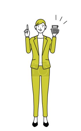 Ilustración de Ilustración de dibujo de línea simple de una mujer mayor en traje, gerente femenino, mujer de carrera sosteniendo una calculadora y señalando. - Imagen libre de derechos