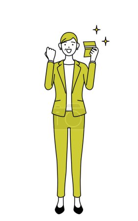 Téléchargez les illustrations : Illustration simple d'une femme senior en costume, d'une femme manager, d'une femme de carrière qui est heureuse de voir un livre de banque. - en licence libre de droit