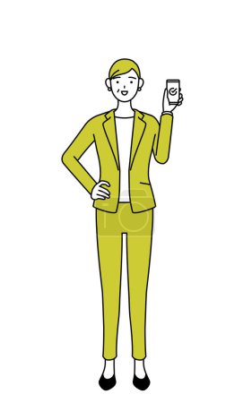 Ilustración de Ilustración de dibujo de línea simple de una mujer mayor en traje, gerente mujer, mujer de carrera utilizando un teléfono inteligente en el trabajo. - Imagen libre de derechos