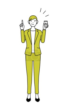 Ilustración de Ilustración de dibujo de línea simple de una mujer mayor en traje, gerente mujer, mujer de carrera tomando medidas de seguridad para su teléfono. - Imagen libre de derechos