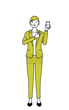 Ilustración de Ilustración de dibujo de línea simple de una mujer mayor en traje, gerente mujer, mujer de carrera recomendando pagos en línea sin efectivo en un teléfono inteligente. - Imagen libre de derechos