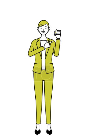 Illustration for Simple line drawing illustration of a Senior woman in suit,female manager, career woman recommending credit card payment. - Royalty Free Image