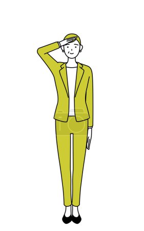 Illustration for Simple line drawing illustration of a Senior woman in suit,female manager, career woman making a salute. - Royalty Free Image