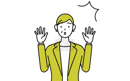 Illustration for Simple line drawing illustration of a Senior woman in suit,female manager, career woman raising his hand in surprise. - Royalty Free Image