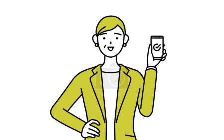Ilustración de Ilustración de dibujo de línea simple de una mujer mayor en traje, gerente mujer, mujer de carrera utilizando un teléfono inteligente en el trabajo. - Imagen libre de derechos