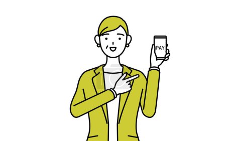 Illustration for Simple line drawing illustration of a Senior woman in suit,female manager, career woman recommending cashless online payments on a smartphone. - Royalty Free Image