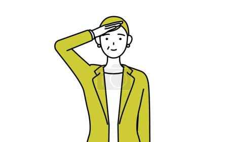 Illustration for Simple line drawing illustration of a Senior woman in suit,female manager, career woman making a salute. - Royalty Free Image