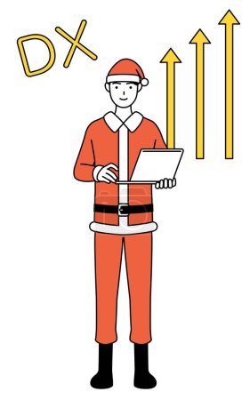 Téléchargez les illustrations : Image de DXing, illustration simple de dessin de ligne d'un homme habillé en Père Noël qui a amélioré avec succès son entreprise - en licence libre de droit