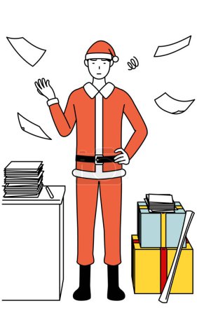 Illustration for Simple line drawing illustration of a man dressed as Santa Claus who is fed up with his unorganized business. - Royalty Free Image
