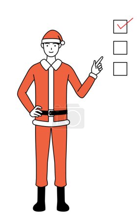 Téléchargez les illustrations : Illustration simple d'un homme habillé en Père Noël pointant vers une liste de contrôle. - en licence libre de droit