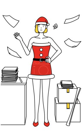 Illustration for Simple line drawing illustration of a woman dressed as Santa Claus who is fed up with her unorganized business. - Royalty Free Image