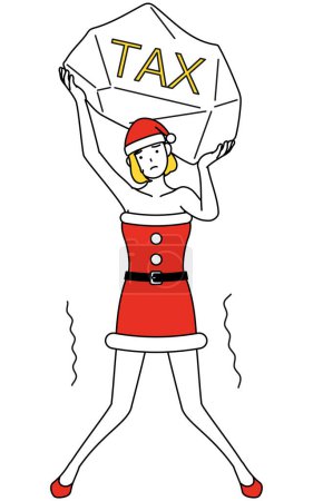 Illustration for Simple line drawing illustration of a woman dressed as Santa Claus suffering from tax increases - Royalty Free Image