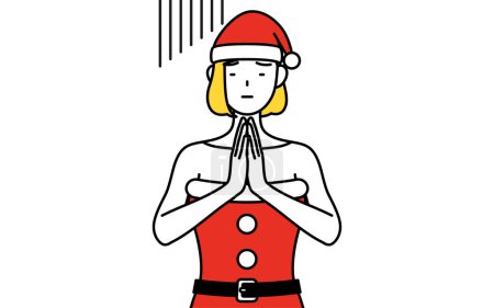 Illustration for Simple line drawing illustration of a woman dressed as Santa Claus apologizing with her hands in front of her body. - Royalty Free Image
