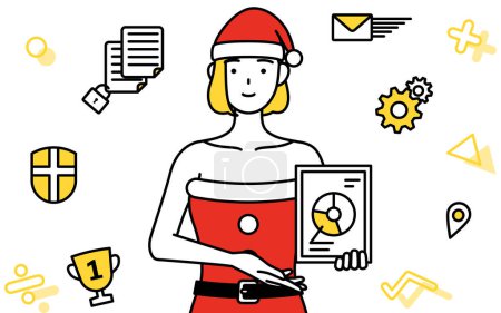 Illustration for Image of DXing,simple line drawing illustration of a woman dressed as Santa Claus using digital technology to improve her business - Royalty Free Image