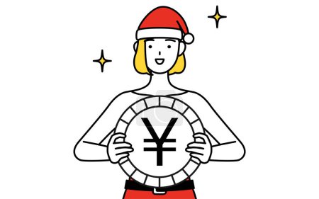 Illustration for Simple line drawing illustration of a woman dressed as Santa Claus, an image of foreign exchange gains and yen appreciation - Royalty Free Image