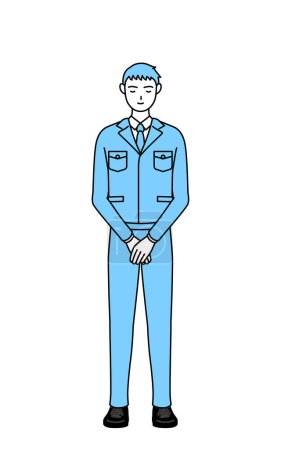 Ilustración de Dibujo de línea simple de un hombre en ropa de trabajo con las manos dobladas delante de su cuerpo. - Imagen libre de derechos