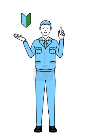 Illustration for Simple line drawing of a Man in work clothes showing the symbol for young leaves. - Royalty Free Image