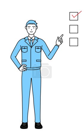 Illustration for Simple line drawing of a Man in work clothes pointing to a checklist. - Royalty Free Image