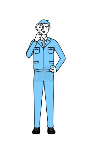 Ilustración de Dibujo de línea simple de un hombre en ropa de trabajo mirando a través de lupas - Imagen libre de derechos
