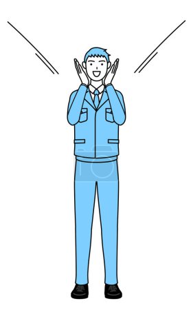 Illustration for Simple line drawing of a Man in work clothes calling out with his hand over his mouth. - Royalty Free Image