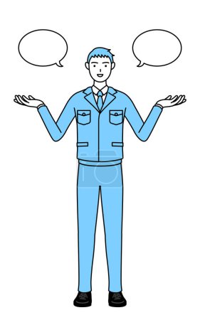 Ilustración de Dibujo de línea simple de un hombre en ropa de trabajo con borrado y comparación. - Imagen libre de derechos