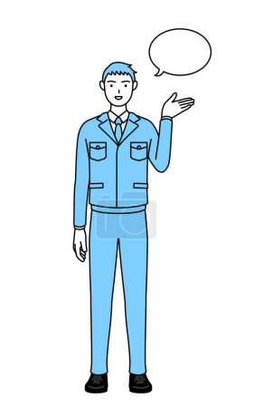 Ilustración de Dibujo de línea simple de un hombre en ropa de trabajo dando instrucciones, con una limpieza. - Imagen libre de derechos