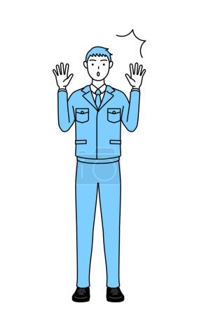 Ilustración de Dibujo de línea simple de un hombre en ropa de trabajo levantando la mano sorprendido. - Imagen libre de derechos