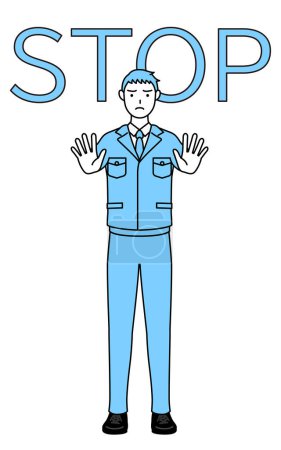 Ilustración de Dibujo de línea simple de un hombre en ropa de trabajo con la mano en frente de su cuerpo, señalando una parada. - Imagen libre de derechos